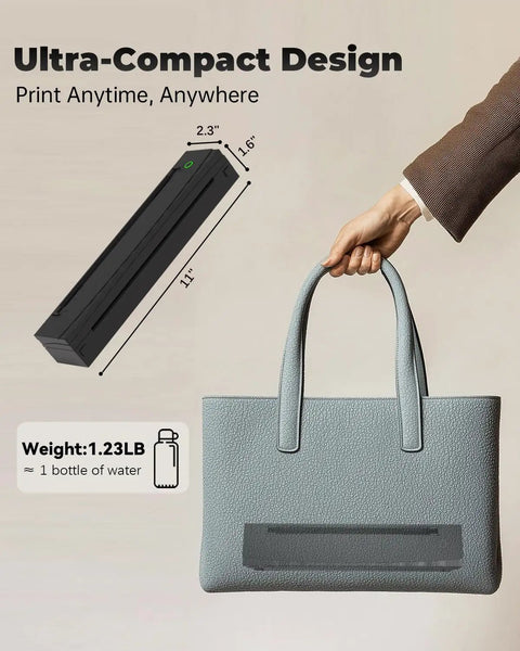 Portable Thermal Printer D80 Wireless For Travel And On The Go Inkless Printer shown inside a handbag, dimensions 2.3" x 11".