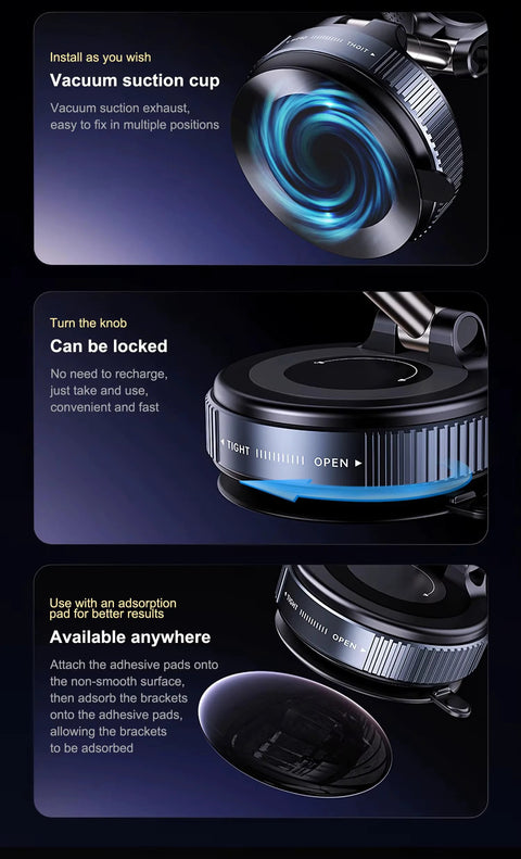 360° vacuum suction car phone mount collage showing suction cup, twist-lock dial, and adhesive pads