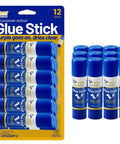 12 Count 6g Glue Sticks, Purple Goes On Then Dries Clear, packaging and arranged sticks, ideal for arts and crafts.