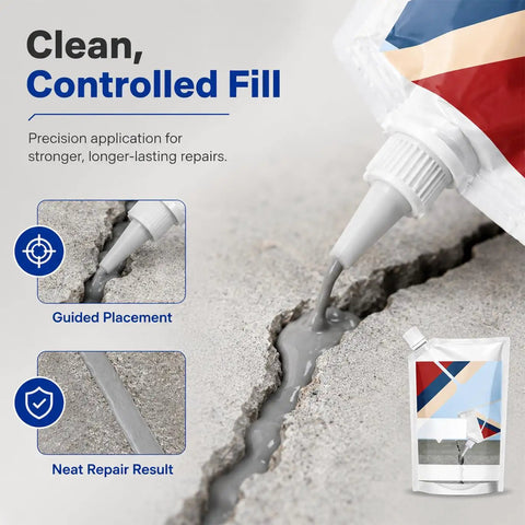 Heavy Duty Concrete Crack Filler and Hefty Sealing Bond with Squeeze Pouch and Precision Fill Tip sealing a crack in concrete.