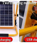 JUDYSSY Led Floodlight 50W Rechargeable Solar Work Light showing solar and USB charging methods on a yellow frame.