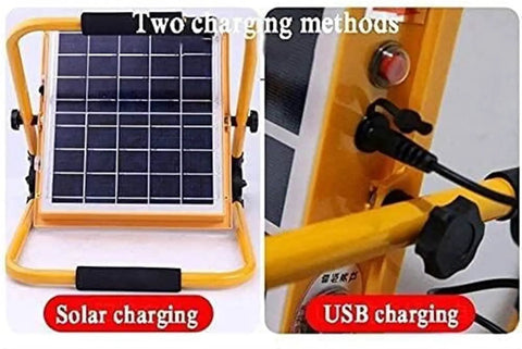 JUDYSSY Led Floodlight 50W Rechargeable Solar Work Light showing solar and USB charging methods on a yellow frame.