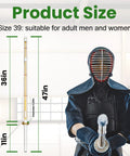 Person in kendo armor holding a 47-inch cosplay bamboo sword, part of the Set Of 2 Cosplay Swords 47 Inch Handmade Bamboo Practice Props For Costume Anime Inspired True To Source Replicas Lightweight Durable Blades For Con Photoshoots And Stage Performances