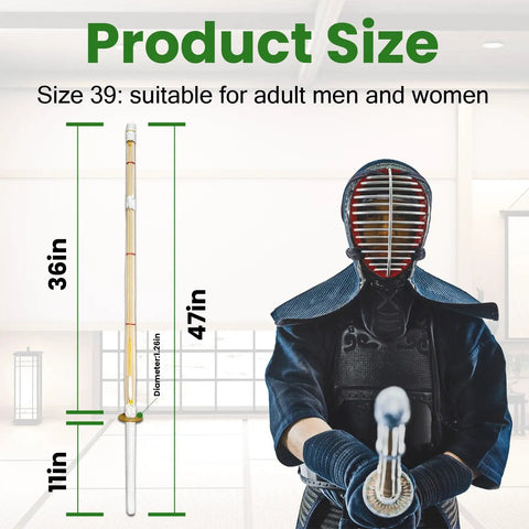 Person in kendo armor holding a 47-inch cosplay bamboo sword, part of the Set Of 2 Cosplay Swords 47 Inch Handmade Bamboo Practice Props For Costume Anime Inspired True To Source Replicas Lightweight Durable Blades For Con Photoshoots And Stage Performances