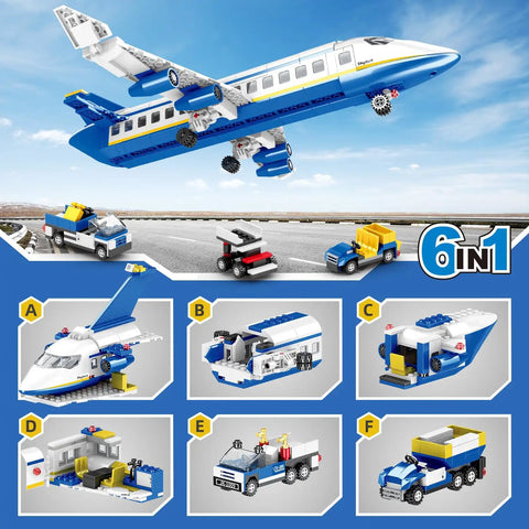 6 In 1 Airport Passenger Plane Building Set With 510 Pieces For STEM Play Including Baggage Truck Shuttle Bus Boarding Stairs