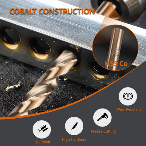 Five Percent Cobalt M35 Drill Bit Set For Tough Metals, Fifteen Piece Metric Range 1.5 To 10 Mm, HSS Co Bits shown drilling metal