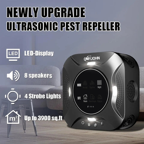 Indoor Ultrasonic Pest Repeller Plug In With Led Strobe Light for Home, showing LED display and 8 speaker setup