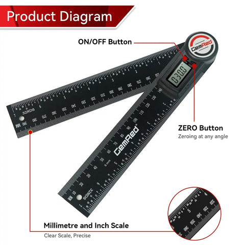 Knockout Digital Protractor And Angle Finder Ruler Dropping Dead On Inside Outside Measurements On A Backlit Display with ON/OFF and ZERO buttons