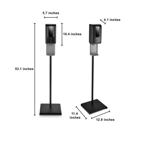 Solid Touchless Hand Sanitizer Dispenser On Heavy Duty Steel Floor Stand With Catch Tray And Refillable Bottle dimensions and design view.
