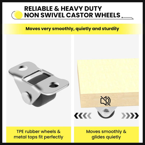 Close-up of eight half inch mini fixed caster wheels with screws showing metal core, TPE top, and installation on furniture.