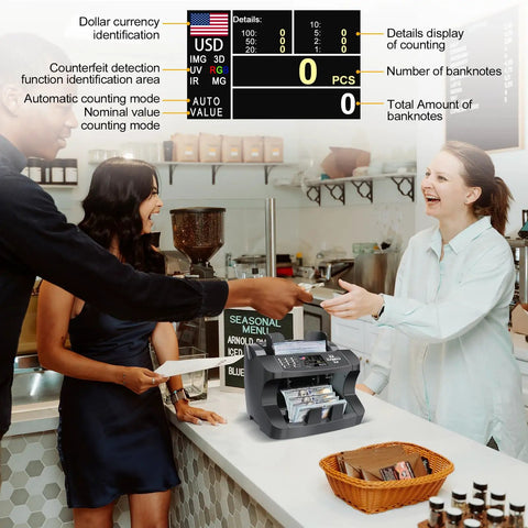 Money Counter Machine For US Dollars With Mixed Denominations, Fast Bill Value Counting, in a cafe environment