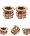 Close-up of Heavy Duty Threaded Metal Inserts with countersunk flange M6x10mm 50 pack for wood and particleboard furniture projects