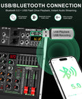 6 Channel Portable Mixer With 320 DSP Effects 48V Phantom Power Bluetooth Sound Card showing USB/BT connection