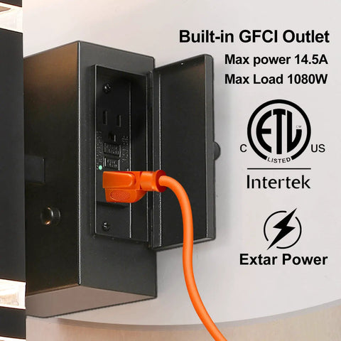 Close-up of Outdoor Dusk To Dawn Light With Built In GFCI Outlet in use, power cord connected to the black outlet, safety ratings shown.