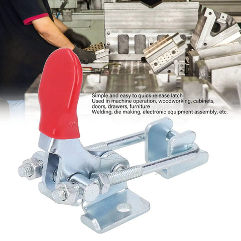 Heavy Duty Toggle Latch Clamp With Adjustable Tension Clasp For Woodworking And Cabinets Offers Insane 320KG Holding Capacity Made From Hot Rolled Steel In Sleek Red And Silver Color, red handle