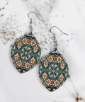 Dark Orange Laser Cut Wood Pendant Earrings For Women With Copper White Gold Plating Lightweight Hypoallergenic star shapes in leaf design.