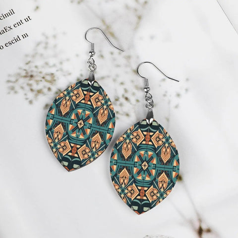 Dark Orange Laser Cut Wood Pendant Earrings For Women With Copper White Gold Plating Lightweight Hypoallergenic star shapes in leaf design.