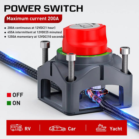 Beefy Heavy Duty Battery Switch 12 to 48 Volt Waterproof Master Disconnect Isolator for Cars Trucks RVs and Boats, red knob visible