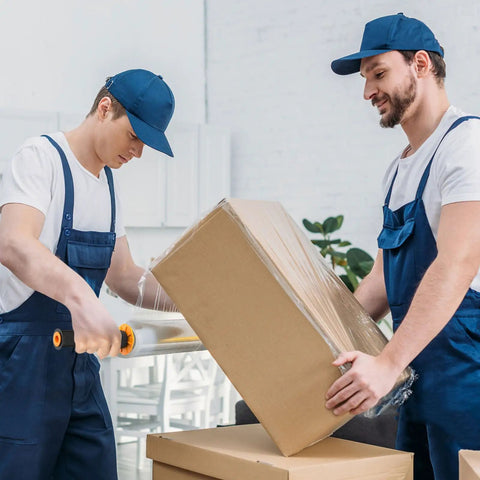 Workers using Industrial Strength Stretch Wrap With Handles Heavy Duty Pallet Wrap 60 Gauge 15 Inch By 1000 Feet 4 Pack