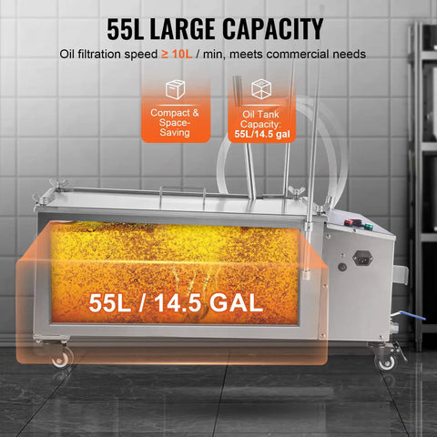 Heavy Duty Mobile Fryer Oil Filter Machine Featuring High Performance Pump Assembly Crafted For Commercial Kitchens And Street Carts Crushing Grease Like A Champ On The Daily, showing 55L capacity.