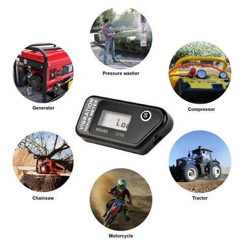 LCD Vibration Hour Counter For Outdoor Power Equipment With Wireless Induction Adjustable Vibration Frequency Three Sensitivity Modes SEN 1 2 3 Cordless Dual Time Recording No Fuss Setup Black mounted on generator, chainsaw, tractor, compressor