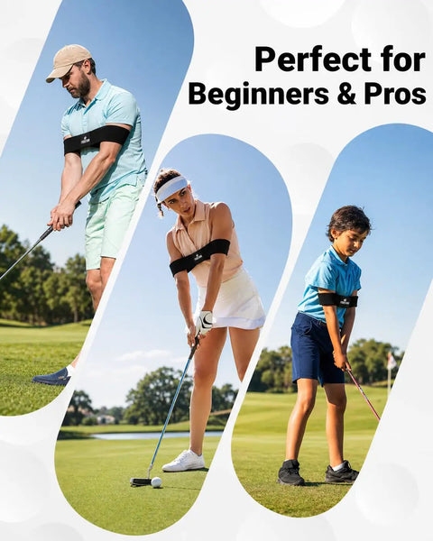 Golfers of different ages using Arm Band Golf Swing Trainer Game Changer For Better Connection, Tempo, And Consistency on the course