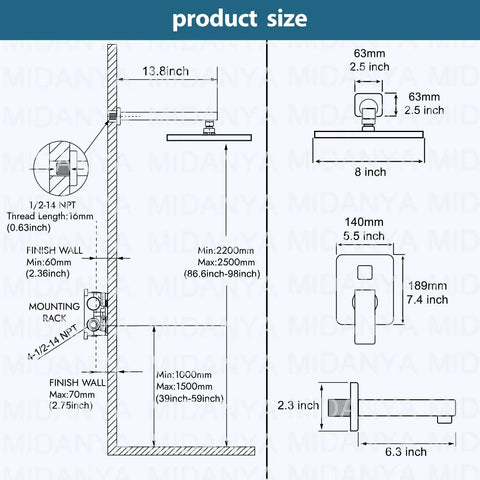 Polished Chrome Tub And Shower Faucet Set With Eight Inch Rain Shower Head Wall Mounted High Pressure Shower System Tub Spout Trim Kit With Rough In Mixer Valve Easy DIY Install product dimensions diagram