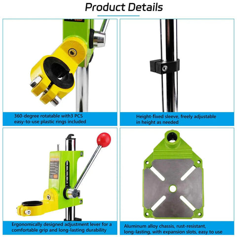Detail view of Floor Drill Press Stand For Hand Drill With 90 Degree Rotating Clamp, Adjustable Universal Bench Drill Holder components.