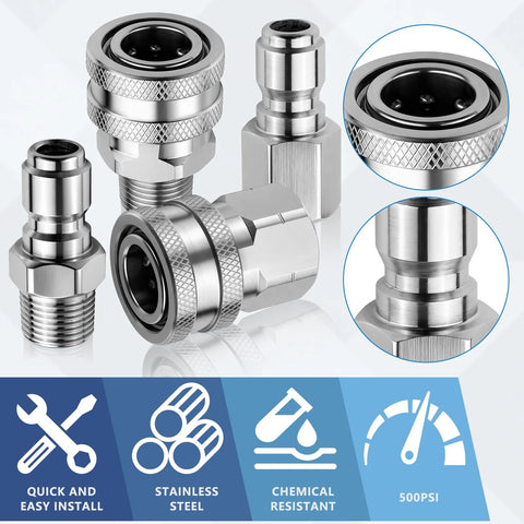 Front view of Senlinyu 3/8-inch stainless steel pressure washer quick-connect kit with four adapters and knurled coupling nuts