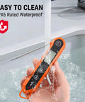 Waterproof Digital Instant Read Meat Thermometer being washed under running water, featuring a 3.9 inch stainless steel probe and backlight.