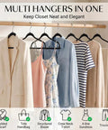 Plastic Hangers 50 Pack Heavy Duty Non Velvet Slim Hangers With 360 Degree Swivel Hook Space Saving Coat Hangers For Clothes Durable ABS Black, displaying assorted clothing on rod.