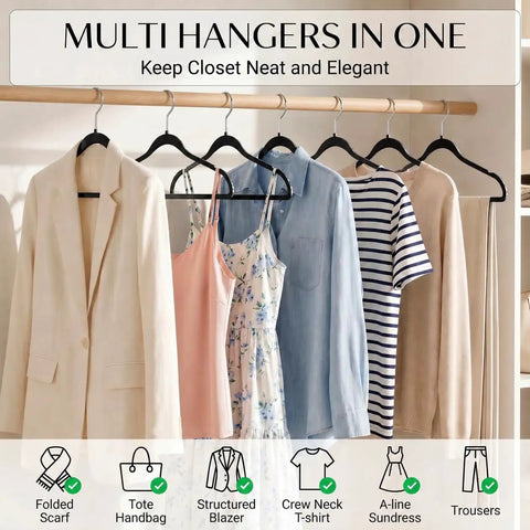 Plastic Hangers 50 Pack Heavy Duty Non Velvet Slim Hangers With 360 Degree Swivel Hook Space Saving Coat Hangers For Clothes Durable ABS Black, displaying assorted clothing on rod.