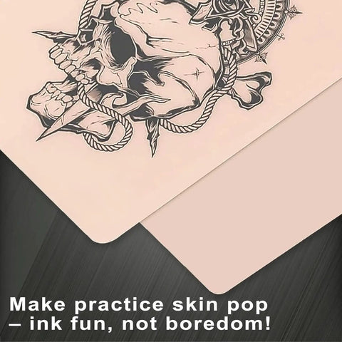 Beginner Friendly All In One Tattoo Practice Kit With Pink Fake Skin showcasing skull tattoo design