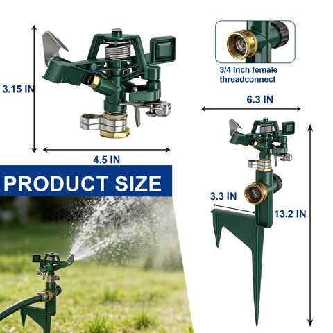 Two Pack Impact Sprinklers For Yard With Adjustable Pulsating Spray, Zinc Alloy Impact Sprinkler showing dimensions and installed view.