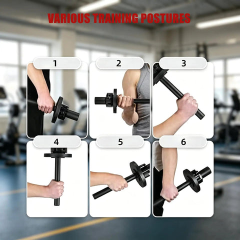 Multi Functional Game Changing Wrist Strength Trainer For 2 Inch Olympic Plates showing various training postures in gym setting