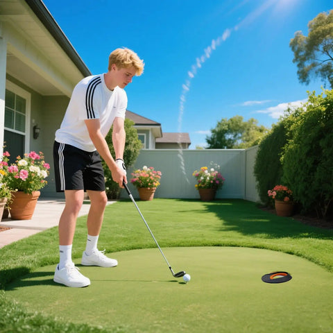 Person practicing putt on green lawn with Silicone Golf Putting Green Practice Hole Cup For Indoor And Backyard Use