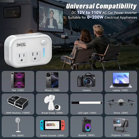 Slick 200W Car Power Inverter With Four Usb Ports And Dual Ac Outlets Transforming 12V Dc Into 110V Ac set up for outdoor movie night.