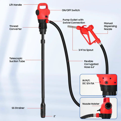 Beefy Electric Drum Pump With 120V AC and 12V DC Power, 33.5 to 49 Inch Telescoping Suction Tube, Swivel Nut Nozzle, 5 GPM Max