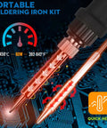 Close-up of 60W Adjustable Temperature Soldering Iron Kit for Electronics and Jewelry Repair, quick heat feature shown on tip.
