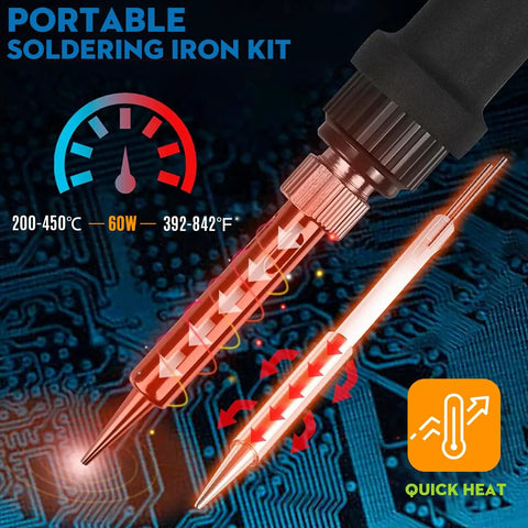 Close-up of 60W Adjustable Temperature Soldering Iron Kit for Electronics and Jewelry Repair, quick heat feature shown on tip.