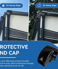 Image showing RV Awning End Cap Replacement Kit R001932006 Left Side Black for Compass and Altitude Awnings in sunny and rainy weather.