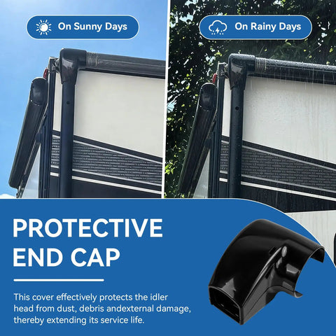 Image showing RV Awning End Cap Replacement Kit R001932006 Left Side Black for Compass and Altitude Awnings in sunny and rainy weather.