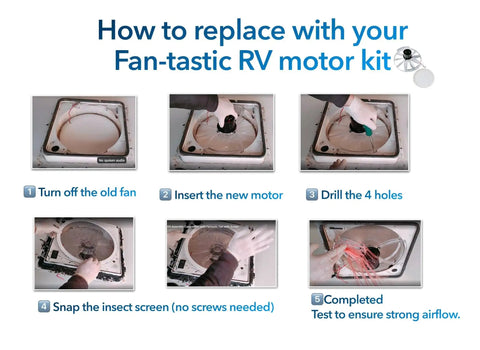 Steps to install Beef Up Your RV Vent With This 12 Inch Fan Blade And Screen 1200 CFM High Airflow Motor Assembly For Quiet Roof Vent Repair Replacement Kit Fits Most Standard RV Fans Easy Install