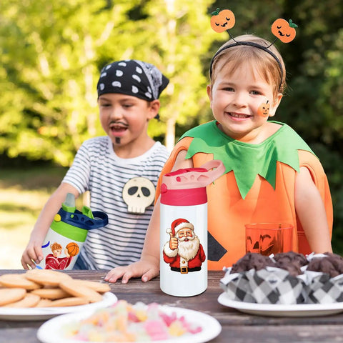 Children enjoying snacks with decorated tumblers, Six Pack 12 Oz Sublimation Tumbler Blanks For DIY Heat Press Crafting Totally Fun Kids Sippy Cups Stainless Steel Water Bottles Set With Caps Shrink Wrap Rubber Bases And Waterproof Stickers For Creative Gifts