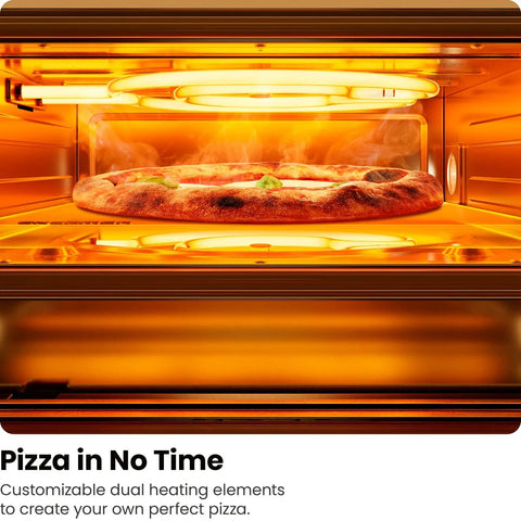 Indoor Pizza Oven That Makes 12 Inch Pizzas Fast, Reaches Up To 800 Degrees Fahrenheit, showing pizza baking inside