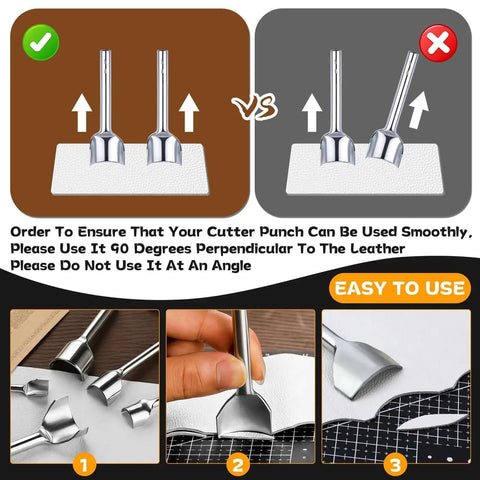 Instructional graphic for 14 Size Leather Corner Punch Set With Half Round Punches And Leather End Punch Kit usage guide.
