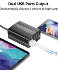 Road Life Ready 150W Car Power Inverter Converts 12V DC To 110V AC With Quick Charge Ports for charging two devices simultaneously.