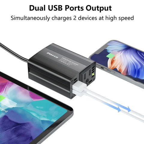 Road Life Ready 150W Car Power Inverter Converts 12V DC To 110V AC With Quick Charge Ports for charging two devices simultaneously.