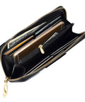 Inside view of Top Shelf Black And White Piano Plate Grid Long Wallet Premium Synthetic Leather with cash and card slots.
