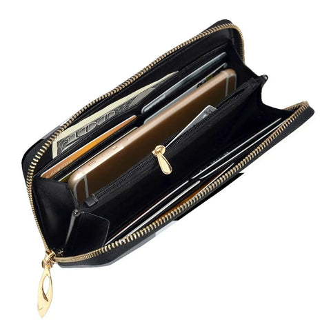 Inside view of Top Shelf Black And White Piano Plate Grid Long Wallet Premium Synthetic Leather with cash and card slots.